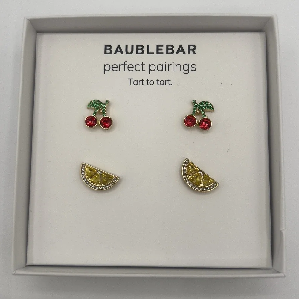Baublebar Gold Tone 2 Pair Stud Earring Set Cherries Cherry Lemons Bauble Bar